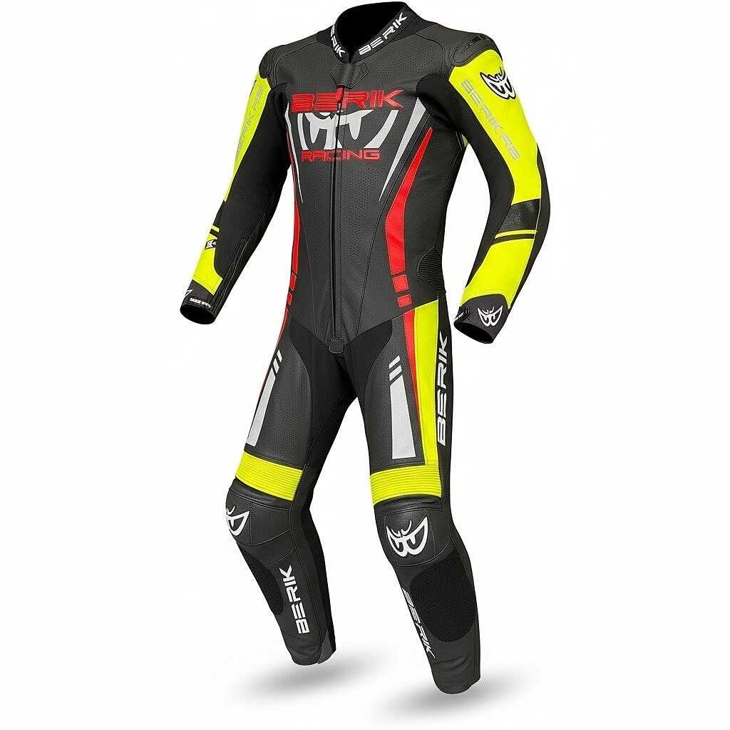 TUTA MOTO IN PELLE BERIK2.0 NERA/ROSSA/GIALLO FLUO