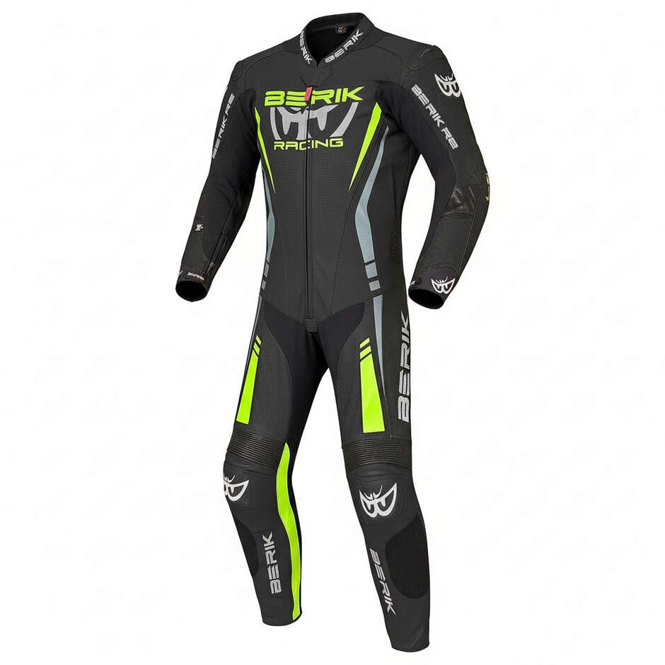 TUTA MOTO IN PELLE BERIK NERO/GRIGIO/GIALLO FLUO