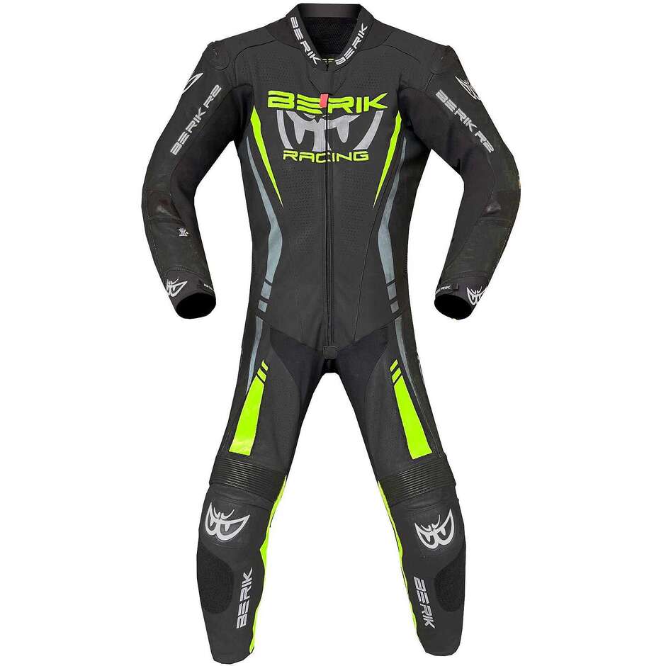 TUTA MOTO IN PELLE BERIK NERO/GRIGIO/GIALLO FLUO