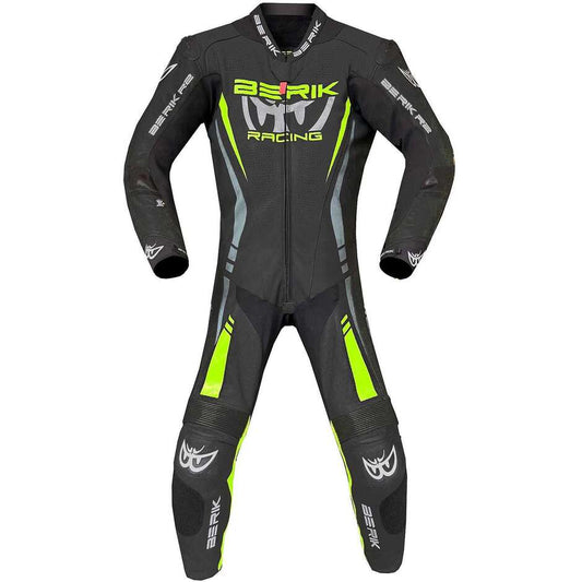 TUTA MOTO IN PELLE BERIK NERO/GRIGIO/GIALLO FLUO